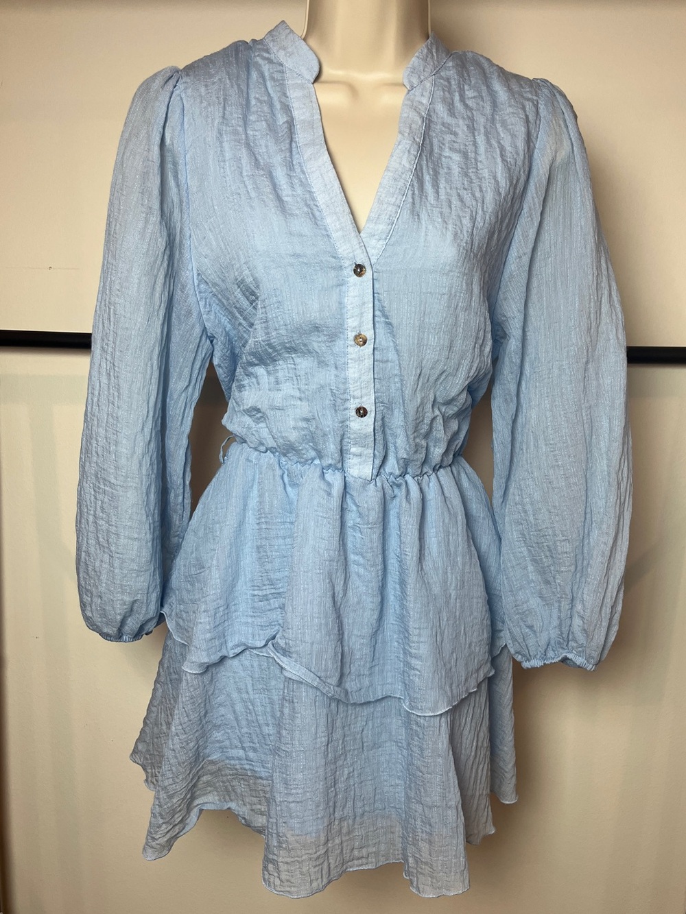 Zara Blue Button-Front Ruffle Mini Dress Summer Cottage Peasant Hippie Layered